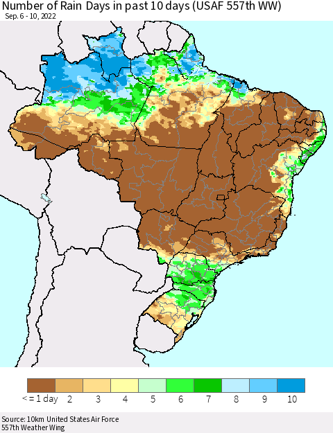 Brazil Number of Rain Days in past 10 days (USAF 557th WW) Thematic Map For 9/6/2022 - 9/10/2022