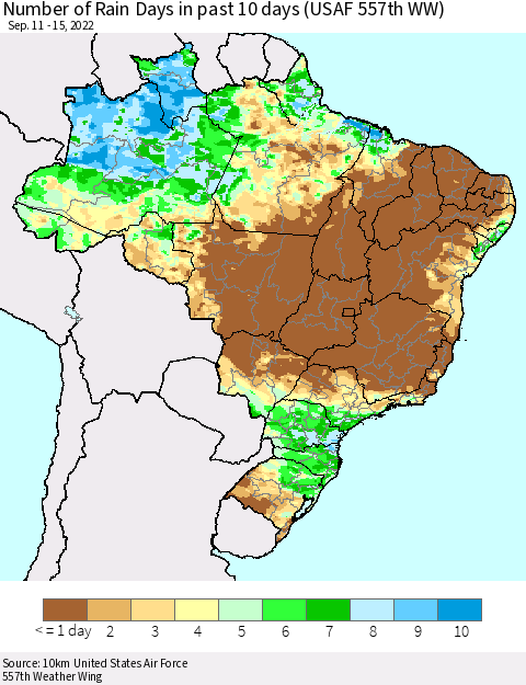 Brazil Number of Rain Days in past 10 days (USAF 557th WW) Thematic Map For 9/11/2022 - 9/15/2022