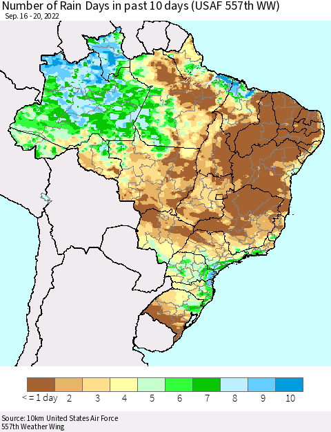 Brazil Number of Rain Days in past 10 days (USAF 557th WW) Thematic Map For 9/16/2022 - 9/20/2022