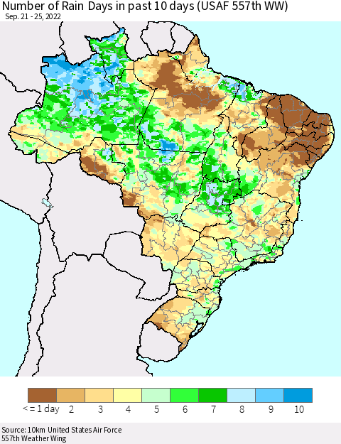 Brazil Number of Rain Days in past 10 days (USAF 557th WW) Thematic Map For 9/21/2022 - 9/25/2022