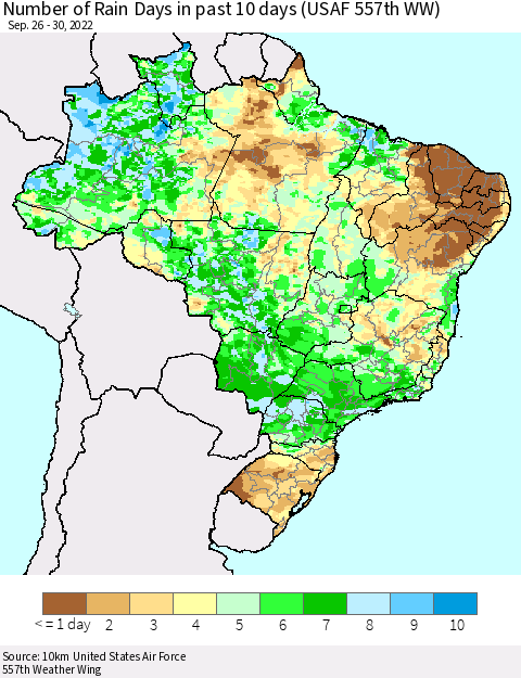 Brazil Number of Rain Days in past 10 days (USAF 557th WW) Thematic Map For 9/26/2022 - 9/30/2022