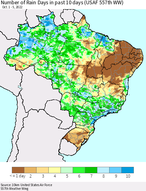 Brazil Number of Rain Days in past 10 days (USAF 557th WW) Thematic Map For 10/1/2022 - 10/5/2022