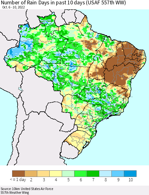 Brazil Number of Rain Days in past 10 days (USAF 557th WW) Thematic Map For 10/6/2022 - 10/10/2022