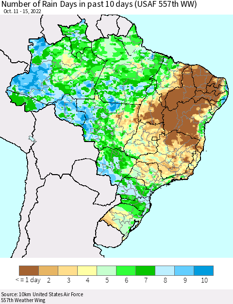 Brazil Number of Rain Days in past 10 days (USAF 557th WW) Thematic Map For 10/11/2022 - 10/15/2022