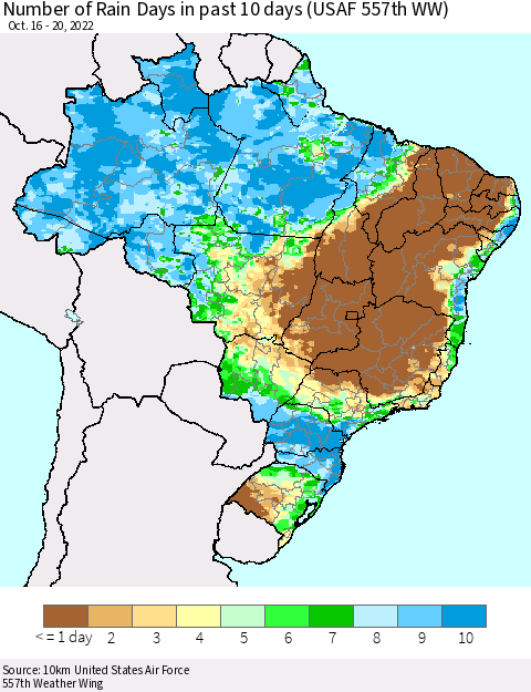 Brazil Number of Rain Days in past 10 days (USAF 557th WW) Thematic Map For 10/16/2022 - 10/20/2022