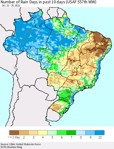 Brazil Number of Rain Days in past 10 days (USAF 557th WW) Thematic Map For 10/21/2022 - 10/25/2022