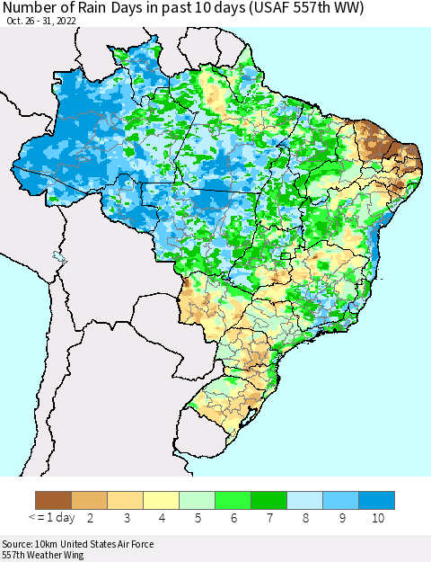 Brazil Number of Rain Days in past 10 days (USAF 557th WW) Thematic Map For 10/26/2022 - 10/31/2022