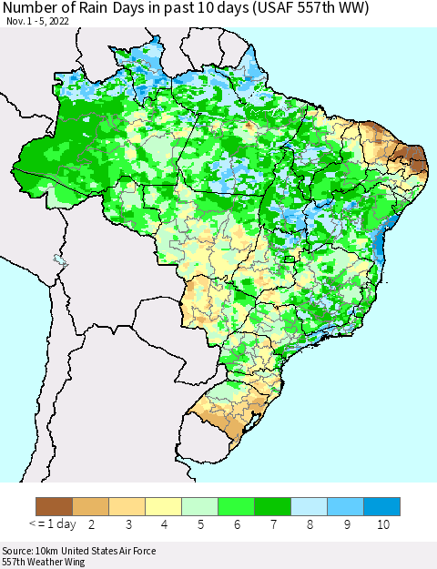 Brazil Number of Rain Days in past 10 days (USAF 557th WW) Thematic Map For 11/1/2022 - 11/5/2022