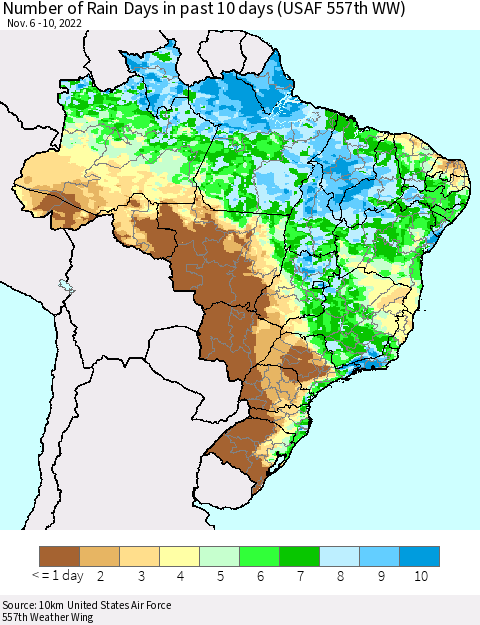 Brazil Number of Rain Days in past 10 days (USAF 557th WW) Thematic Map For 11/6/2022 - 11/10/2022