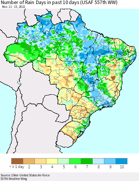 Brazil Number of Rain Days in past 10 days (USAF 557th WW) Thematic Map For 11/11/2022 - 11/15/2022