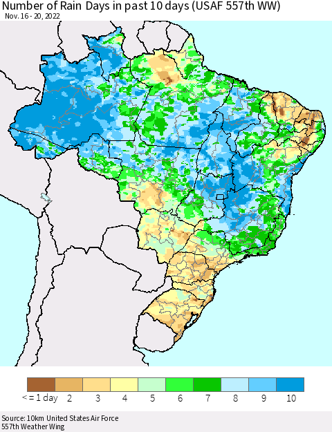 Brazil Number of Rain Days in past 10 days (USAF 557th WW) Thematic Map For 11/16/2022 - 11/20/2022