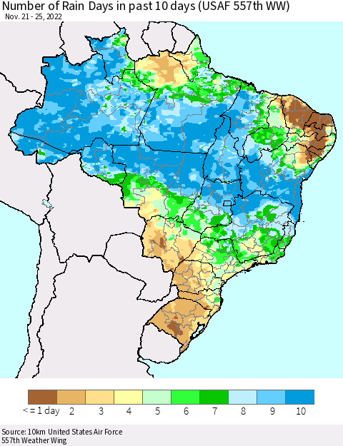 Brazil Number of Rain Days in past 10 days (USAF 557th WW) Thematic Map For 11/21/2022 - 11/25/2022
