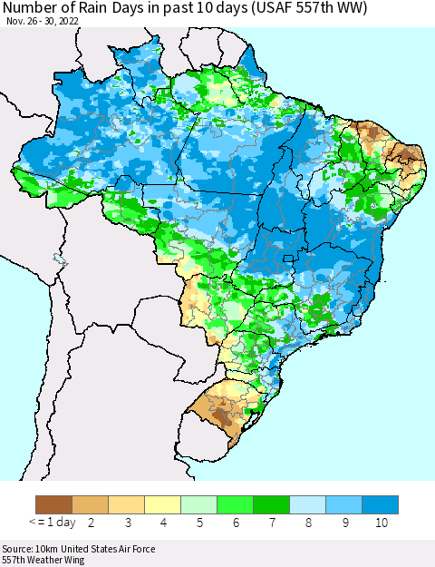 Brazil Number of Rain Days in past 10 days (USAF 557th WW) Thematic Map For 11/26/2022 - 11/30/2022