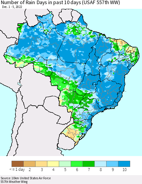 Brazil Number of Rain Days in past 10 days (USAF 557th WW) Thematic Map For 12/1/2022 - 12/5/2022