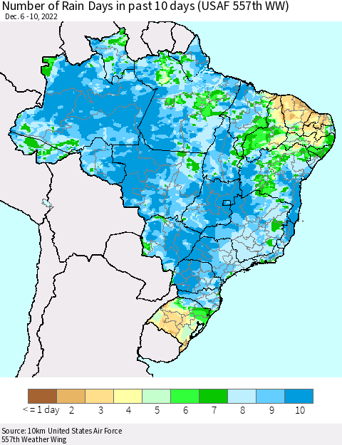 Brazil Number of Rain Days in past 10 days (USAF 557th WW) Thematic Map For 12/6/2022 - 12/10/2022