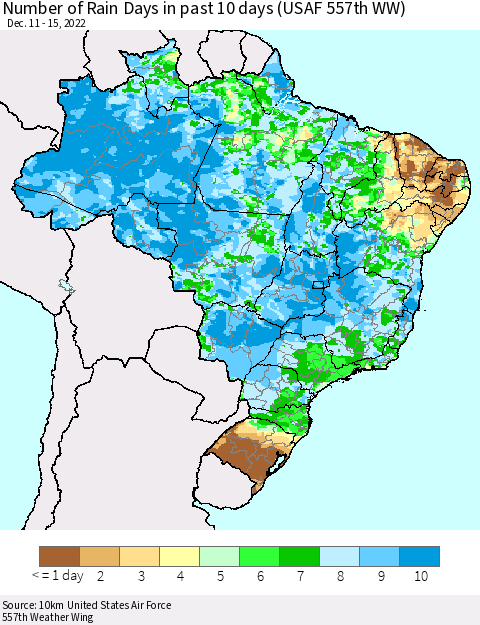 Brazil Number of Rain Days in past 10 days (USAF 557th WW) Thematic Map For 12/11/2022 - 12/15/2022