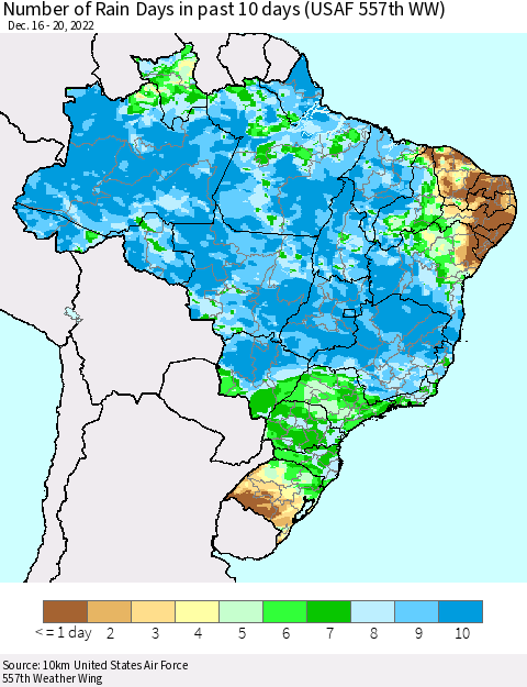Brazil Number of Rain Days in past 10 days (USAF 557th WW) Thematic Map For 12/16/2022 - 12/20/2022