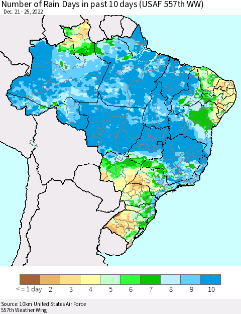 Brazil Number of Rain Days in past 10 days (USAF 557th WW) Thematic Map For 12/21/2022 - 12/25/2022