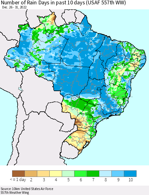 Brazil Number of Rain Days in past 10 days (USAF 557th WW) Thematic Map For 12/26/2022 - 12/31/2022