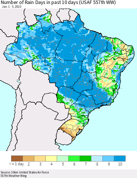 Brazil Number of Rain Days in past 10 days (USAF 557th WW) Thematic Map For 1/1/2023 - 1/5/2023
