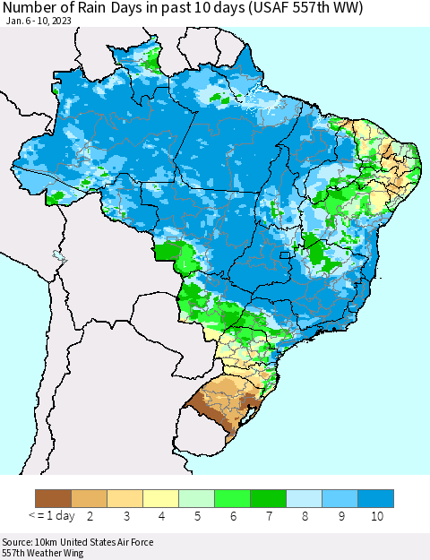 Brazil Number of Rain Days in past 10 days (USAF 557th WW) Thematic Map For 1/6/2023 - 1/10/2023