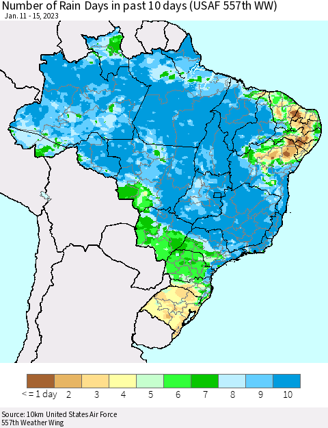 Brazil Number of Rain Days in past 10 days (USAF 557th WW) Thematic Map For 1/11/2023 - 1/15/2023