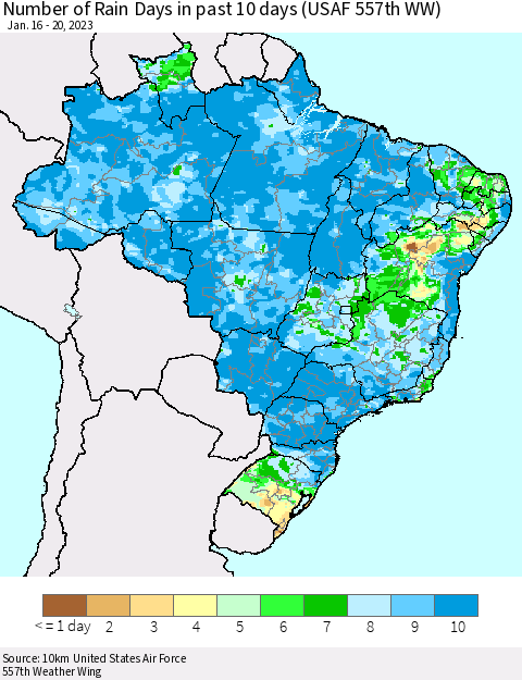 Brazil Number of Rain Days in past 10 days (USAF 557th WW) Thematic Map For 1/16/2023 - 1/20/2023
