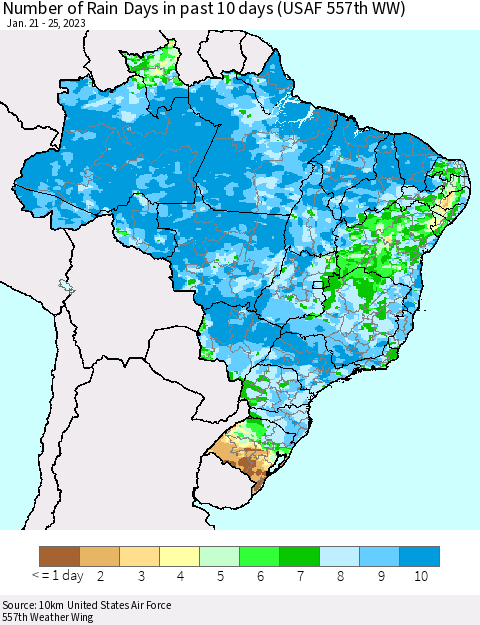 Brazil Number of Rain Days in past 10 days (USAF 557th WW) Thematic Map For 1/21/2023 - 1/25/2023