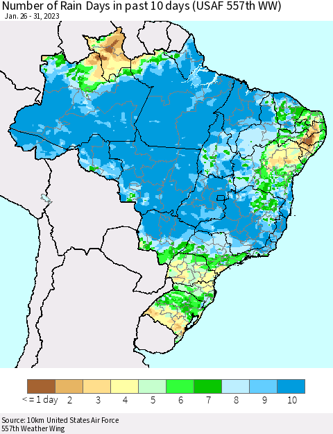 Brazil Number of Rain Days in past 10 days (USAF 557th WW) Thematic Map For 1/26/2023 - 1/31/2023