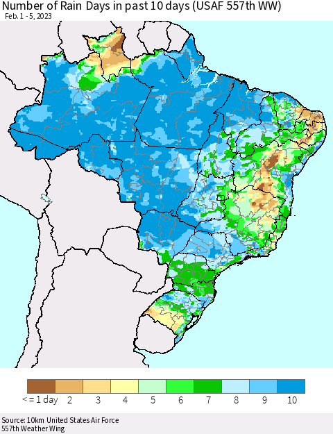 Brazil Number of Rain Days in past 10 days (USAF 557th WW) Thematic Map For 2/1/2023 - 2/5/2023