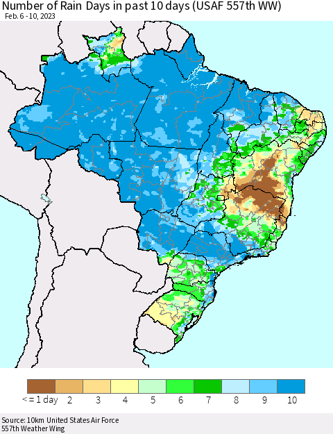 Brazil Number of Rain Days in past 10 days (USAF 557th WW) Thematic Map For 2/6/2023 - 2/10/2023