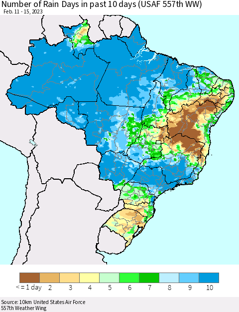 Brazil Number of Rain Days in past 10 days (USAF 557th WW) Thematic Map For 2/11/2023 - 2/15/2023