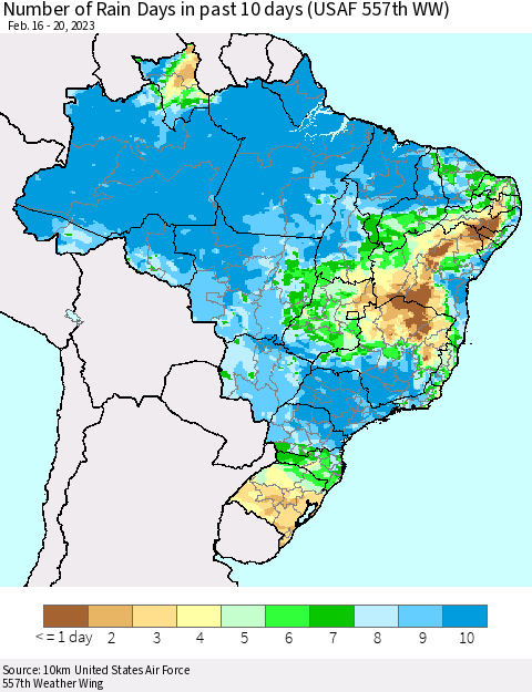 Brazil Number of Rain Days in past 10 days (USAF 557th WW) Thematic Map For 2/16/2023 - 2/20/2023