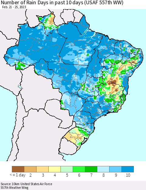 Brazil Number of Rain Days in past 10 days (USAF 557th WW) Thematic Map For 2/21/2023 - 2/25/2023