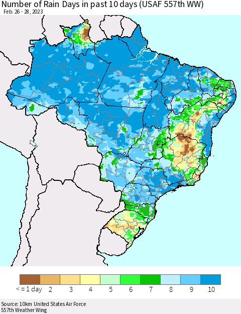 Brazil Number of Rain Days in past 10 days (USAF 557th WW) Thematic Map For 2/26/2023 - 2/28/2023