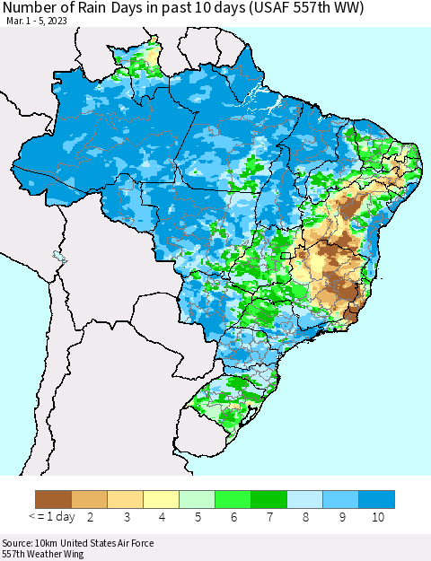 Brazil Number of Rain Days in past 10 days (USAF 557th WW) Thematic Map For 3/1/2023 - 3/5/2023