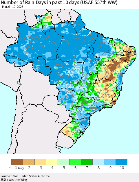 Brazil Number of Rain Days in past 10 days (USAF 557th WW) Thematic Map For 3/6/2023 - 3/10/2023