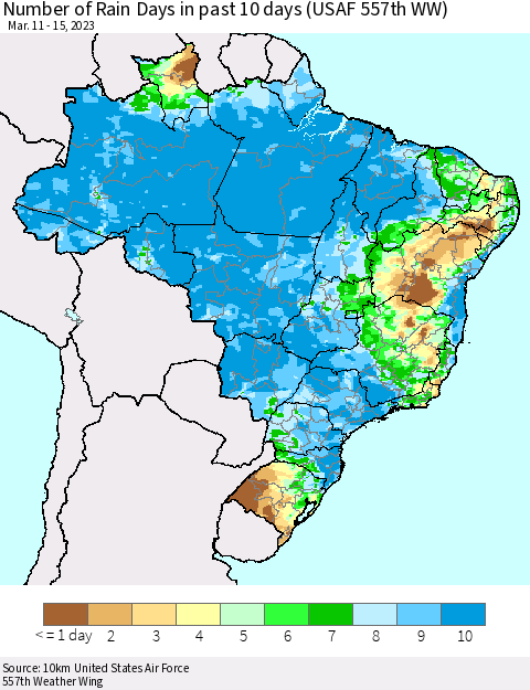 Brazil Number of Rain Days in past 10 days (USAF 557th WW) Thematic Map For 3/11/2023 - 3/15/2023