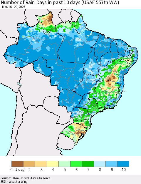 Brazil Number of Rain Days in past 10 days (USAF 557th WW) Thematic Map For 3/16/2023 - 3/20/2023