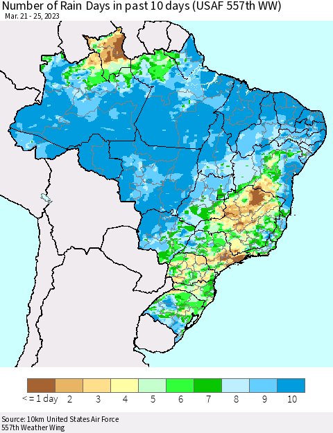 Brazil Number of Rain Days in past 10 days (USAF 557th WW) Thematic Map For 3/21/2023 - 3/25/2023