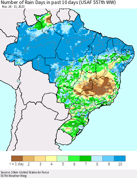 Brazil Number of Rain Days in past 10 days (USAF 557th WW) Thematic Map For 3/26/2023 - 3/31/2023