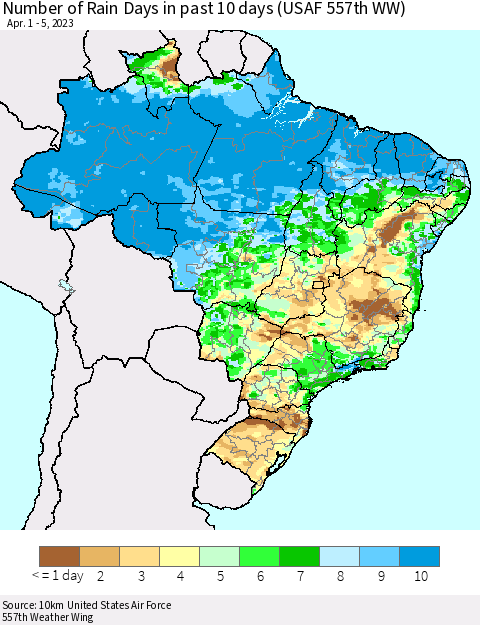 Brazil Number of Rain Days in past 10 days (USAF 557th WW) Thematic Map For 4/1/2023 - 4/5/2023