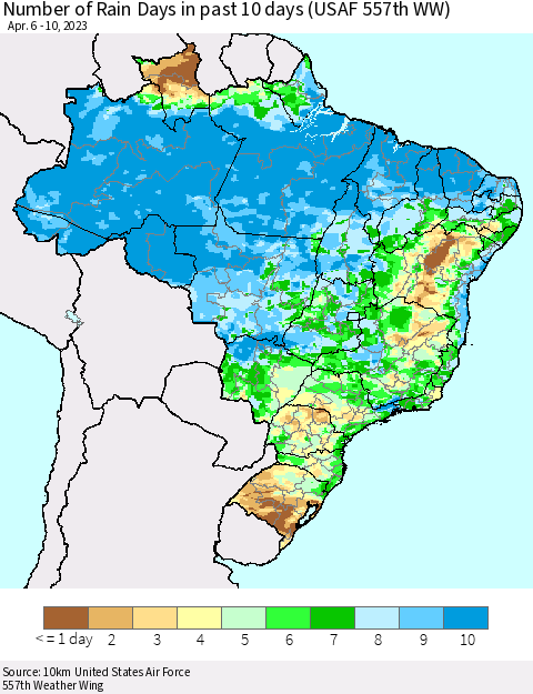 Brazil Number of Rain Days in past 10 days (USAF 557th WW) Thematic Map For 4/6/2023 - 4/10/2023