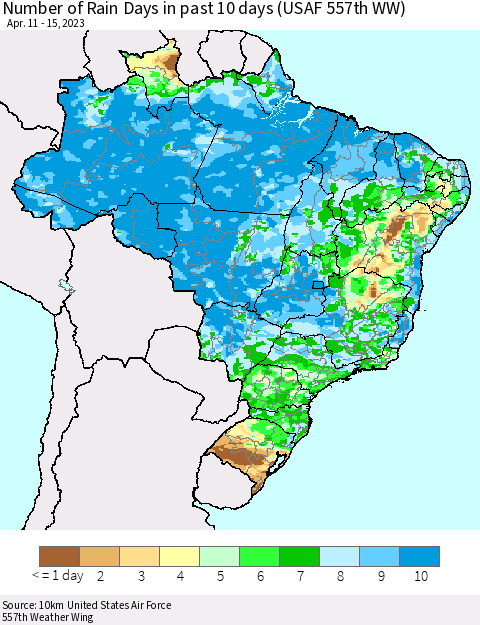 Brazil Number of Rain Days in past 10 days (USAF 557th WW) Thematic Map For 4/11/2023 - 4/15/2023