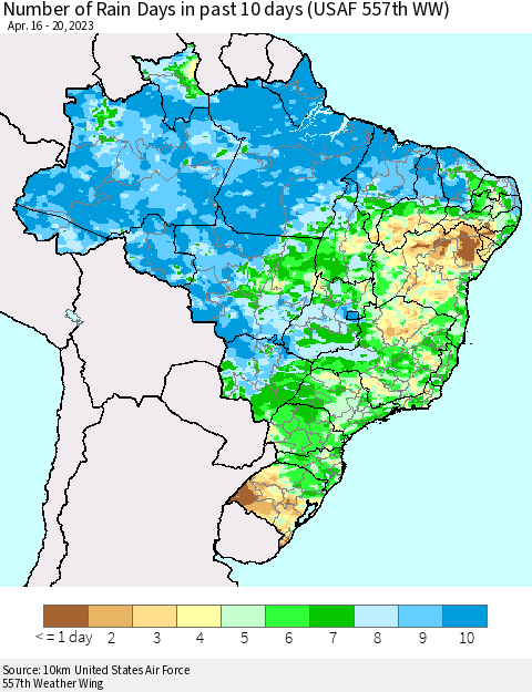 Brazil Number of Rain Days in past 10 days (USAF 557th WW) Thematic Map For 4/16/2023 - 4/20/2023