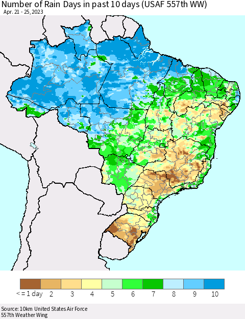 Brazil Number of Rain Days in past 10 days (USAF 557th WW) Thematic Map For 4/21/2023 - 4/25/2023