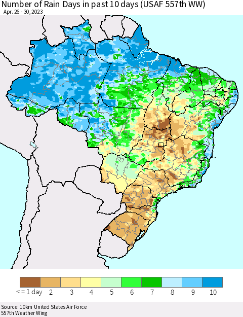 Brazil Number of Rain Days in past 10 days (USAF 557th WW) Thematic Map For 4/26/2023 - 4/30/2023