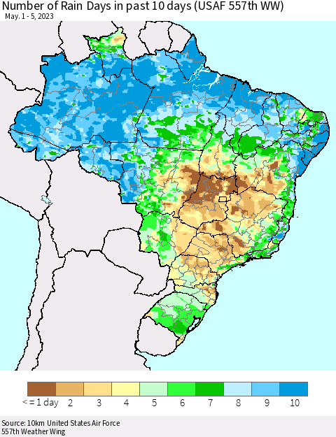 Brazil Number of Rain Days in past 10 days (USAF 557th WW) Thematic Map For 5/1/2023 - 5/5/2023