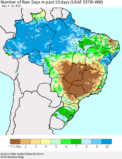 Brazil Number of Rain Days in past 10 days (USAF 557th WW) Thematic Map For 5/6/2023 - 5/10/2023