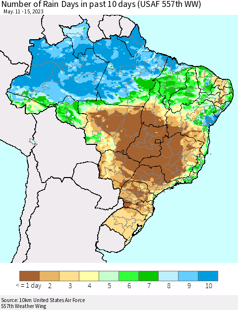 Brazil Number of Rain Days in past 10 days (USAF 557th WW) Thematic Map For 5/11/2023 - 5/15/2023